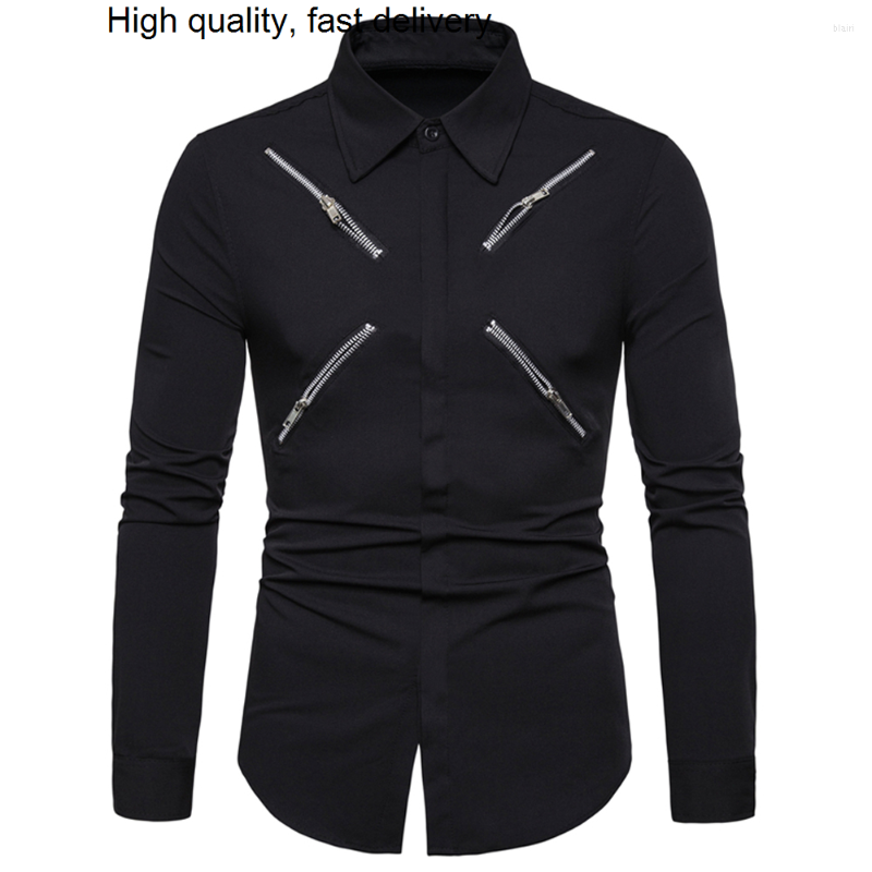 

Men's Casual Shirts Street Men High Zipper Automotive Style Shirt For Man Summer Long Sleeve Males Social Partywear, Black
