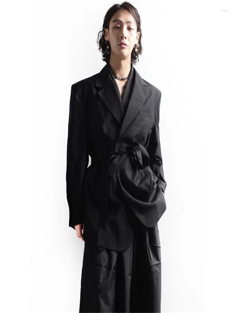 

Men' Suits Men' Suit Jacket Spring And Autumn Dark Personality Belt Waist Design Fashion Leisure Loose Large Size Coat, Black