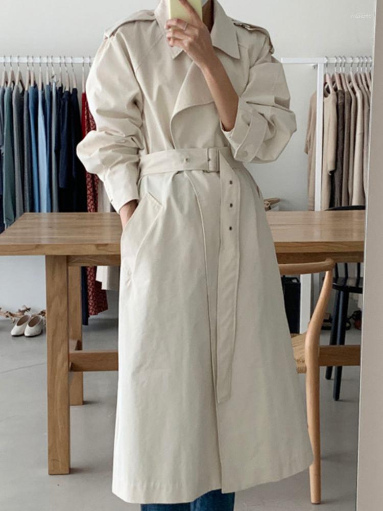 

Women's Trench Coats Korean Chic 2022 Autumn Coat Outwear Women's Minimalist Double Pocket Windbreaker With Belt Trendy Overcoats H022, Rice apricot color