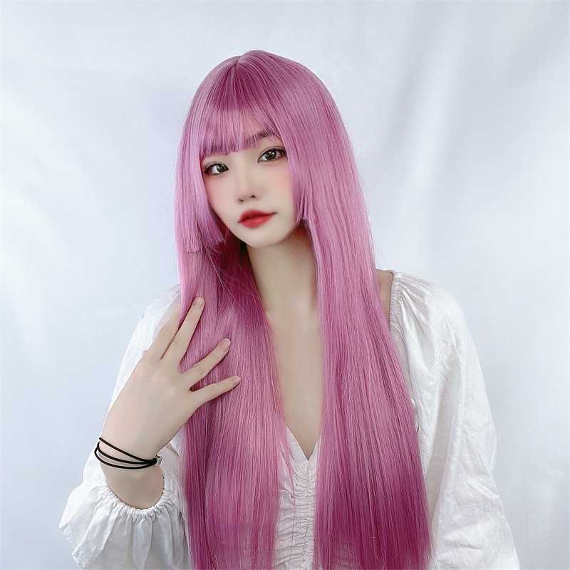 

Women's Hair Wigs Lace Synthetic Purple Wig Female Thin Rattan Long Straight Hair Princ Cut ita Trim Face Chemical Fiber Head Cover