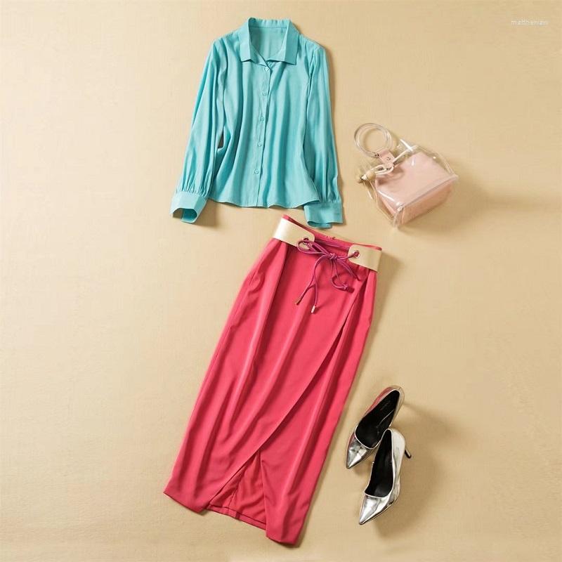 

Work Dresses High Quality Women' Set 2022 Summer 2 Piece Ladies Long Sleeve Blue Shirts Belted Midi Rose Red Pencil Skirt Sets Casual, Picture shown