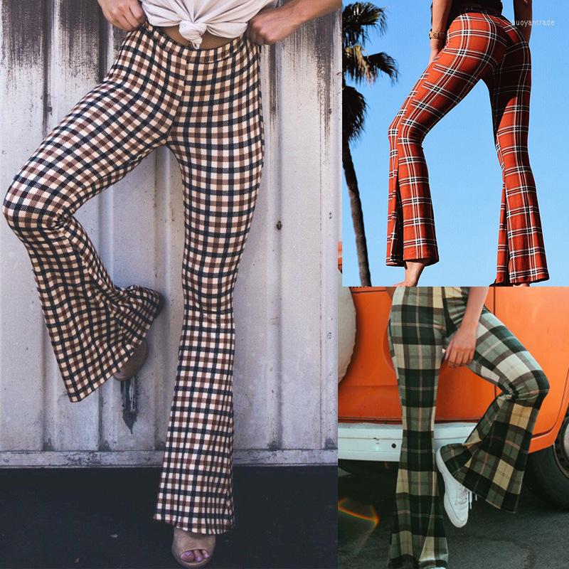 

Women' Pants Plaid Print Slim-fit Flared Trousers Yoga, Brown