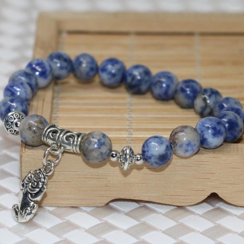 

Strand Blue Natural Dalmation Stone Round Beads Bracelets For Women Fashion Wristband Female Bangles Vintage Jewelry 7.5inch B2031