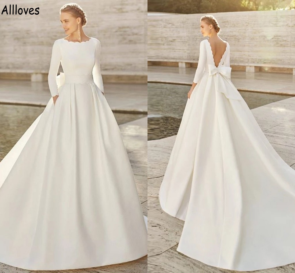 

Boho Ivory Satin A Line Wedding Dresses Jewel Neck 3/4 Long Sleeves Sweep Train Bridal Gowns Big Bow Sexy Open Back Fashion Simple Robes de Mariee CL1441, Dark green
