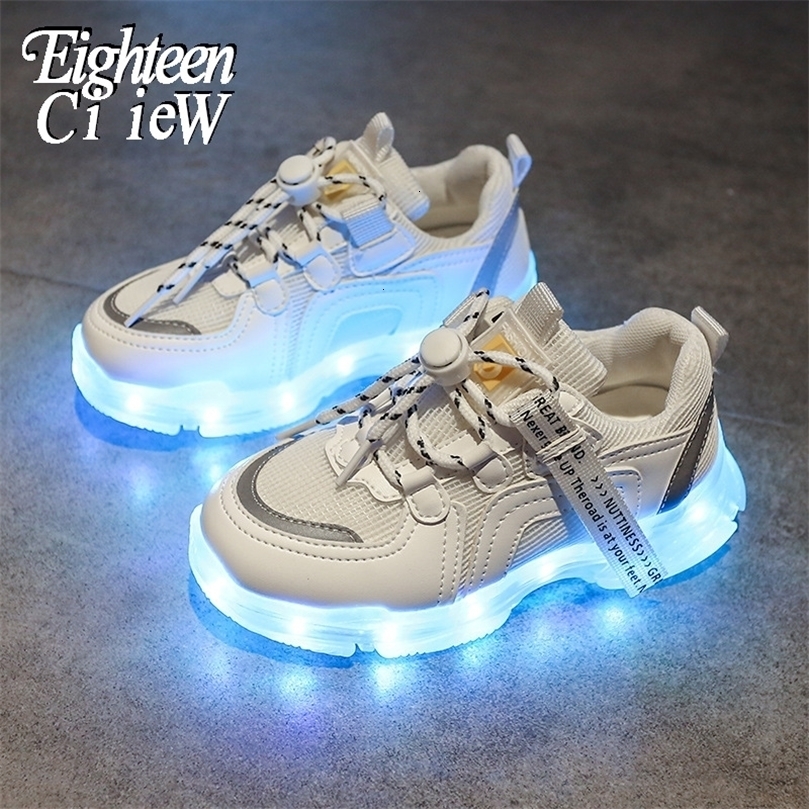 

Sneakers Size 2536 Kids LED Glowing Shoes USB Charge Luminous Fashion Girls Light Up Children Mesh Breathable 221113, Black