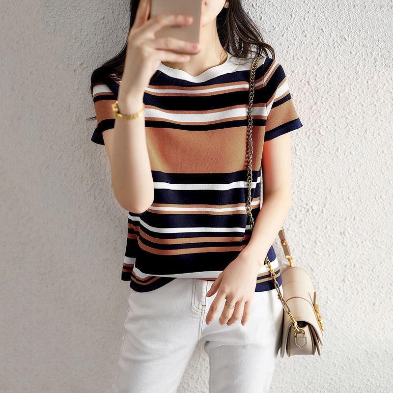 

Women' Sweaters Summer 2022 Women Stripe Print Bottoms Ladies Sweater Thin Short-Sleeved O-Neck Knitted Slim Casual Pullovers A66, Orange