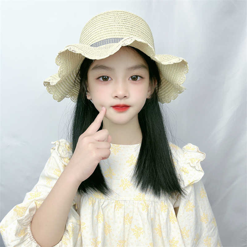

Women's Hair Wigs Lace Synthetic Children's Wig Spring and Summer Sunscreen Cap Integrated Hair Chemical Fiber Head Cover Net Red Same Style Black Long Straight, Rice hat: black wig