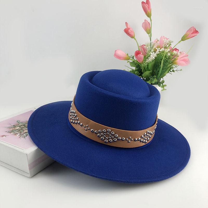 

Berets Wide Rivet Belt Solid Color Hats For Women Brim Fedora Cap Men Panama Jazz Trendy Leather Buckle Top Hat, Black