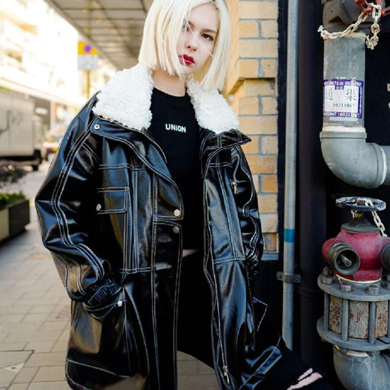 

Women' Leather Winter Fashion PU Jacket Moto Fur Collar Patent Glossy Coat Thicken Warm Loose Casual Outwear L1799, Black