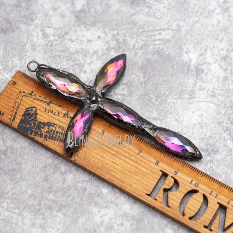 

Pendant Necklaces PM30973 Molten Soldered Crystal Fushia Marquise Black Cross Bohemian Charm Metalwork Altered Art Supply Jewelry