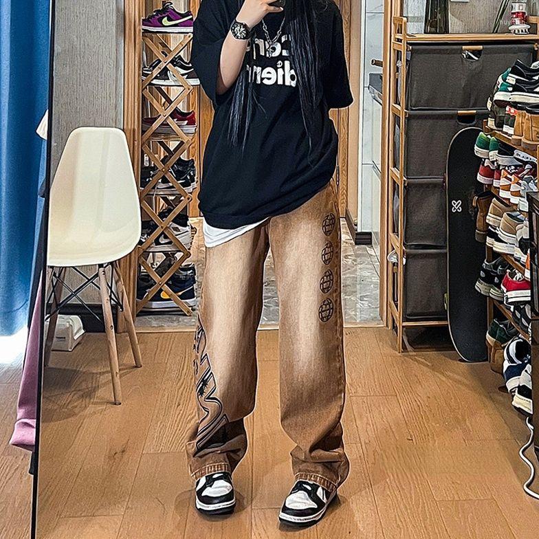 

Men' Jeans Men' Spring And Autumn Retro Printed Men Women Ins Tide Brand Loose Straight Pants All-match Casual Trousers