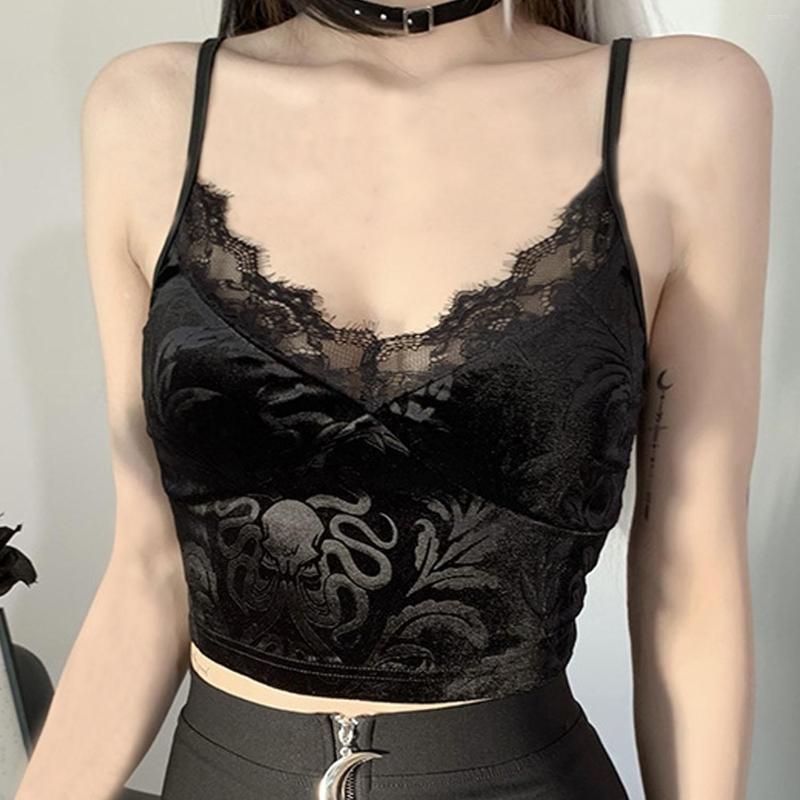 

Women' Tanks Lace Velvet Y2K Crop Tops Women Black Backless Sexy Strap Vintage Aesthetic V Neck Cropped Camis