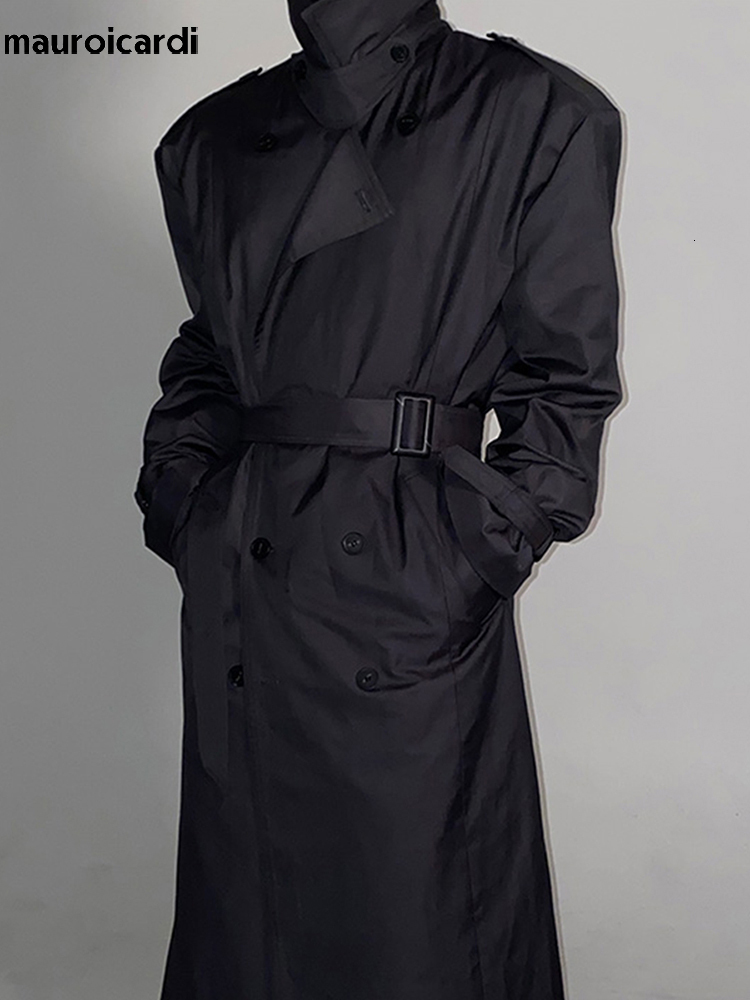 

Men's Jackets Mauroicardi Spring Autumn Cool Long Black Oversized Trench Coat Men Belt Double Breasted Loose Casual Windproof Outerwear 221014