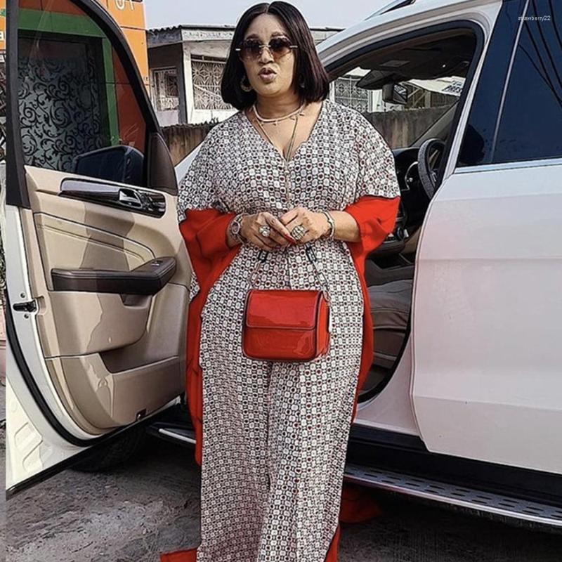 

Women's Two Piece Pants Ladies Large Size V-neck Bat Sleeve African Mother Dress Fashion Chiffon Fabric Printed Wide Leg Two-piece Set
