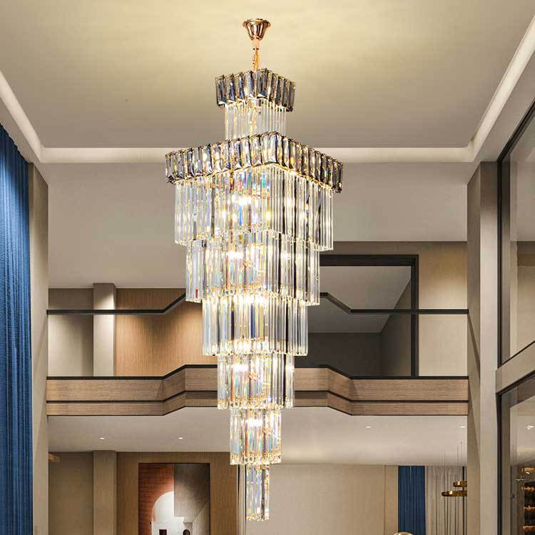 

High-end Villa Staircase Lamp Duplex Building Chandelier Light Luxury Square Crystal Lamp Living Room Long Chandeliers