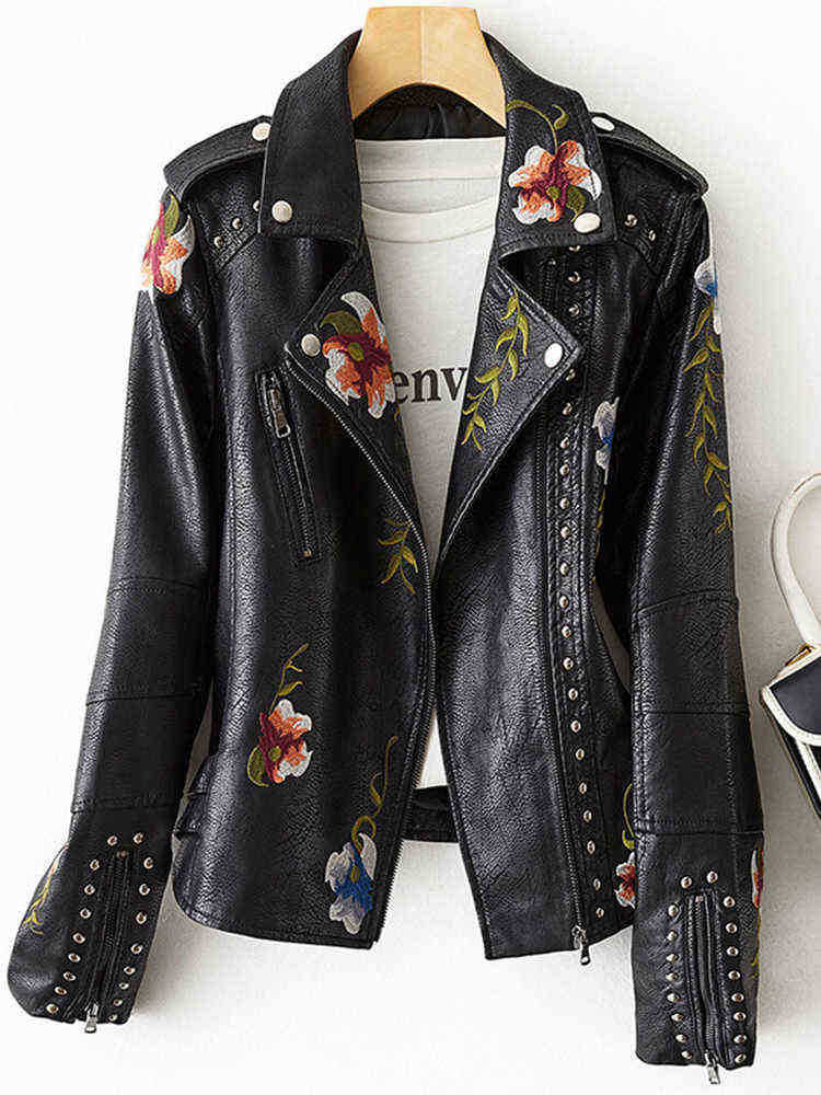 

Ftlzz Women Retro Punk Style Fuax Leather Jacket Streetwear Moto Biker Embroidery Flower Print Rivet Pu Jacket Outfit J220727, Beige