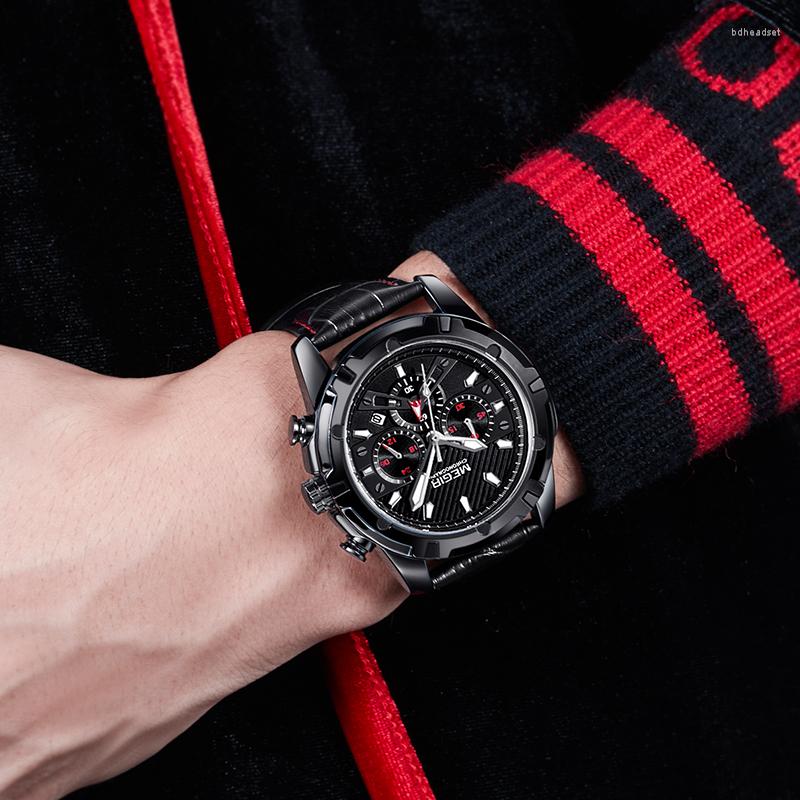 

Wristwatches Men's Black Watch MEGIR Sports Chronograph Fashion Casual Leather Quartz Business Male Waterproof Date, Silver