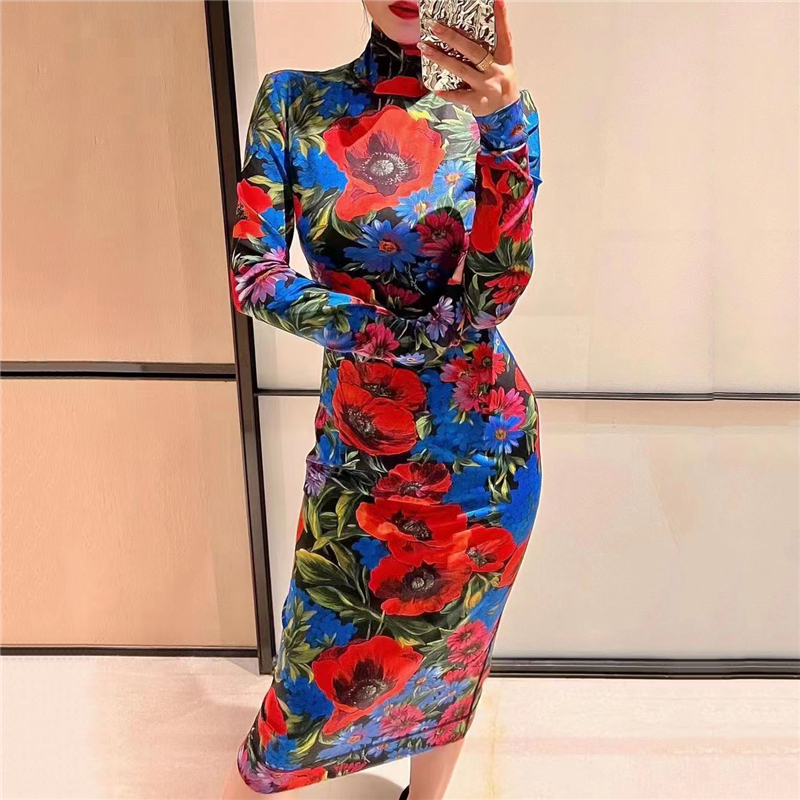

Vintage Flower Print Womens Dresses Long Sleeve Luxury Ladies Charm Slim Tight Dress Nightclub Party Skirts, Red