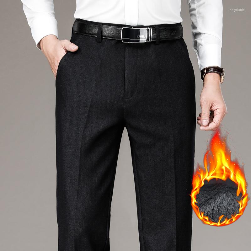 

Men's Suits Winter Quality Business Wear Men's Suit Pants Warm Fleece Thick Straight Loose High Waist Trousers Office Casual, Black