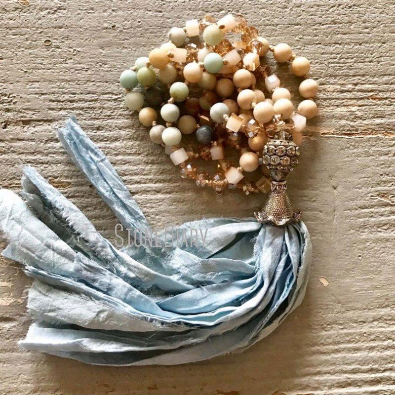 

Pendant Necklaces NM24966 Natural Gemstone Amazonite Necklace Sari Silk Tassel Hand Knotted Summer Statement Bohemian Boho Jewelry