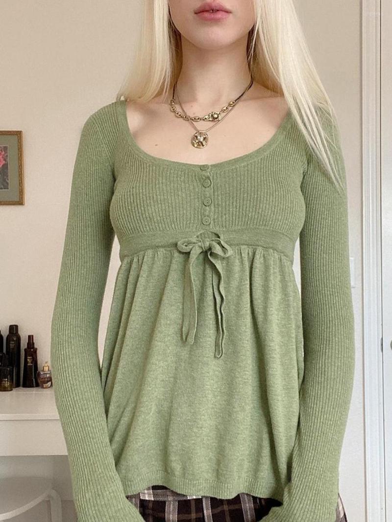 

Women' Sweaters Women Fashion Wild Knitted Tops Solid Color Scoop Neck Long Sleeve Sweater Pullovers Buttons Tie-Up Front Casual Streetwear, Green