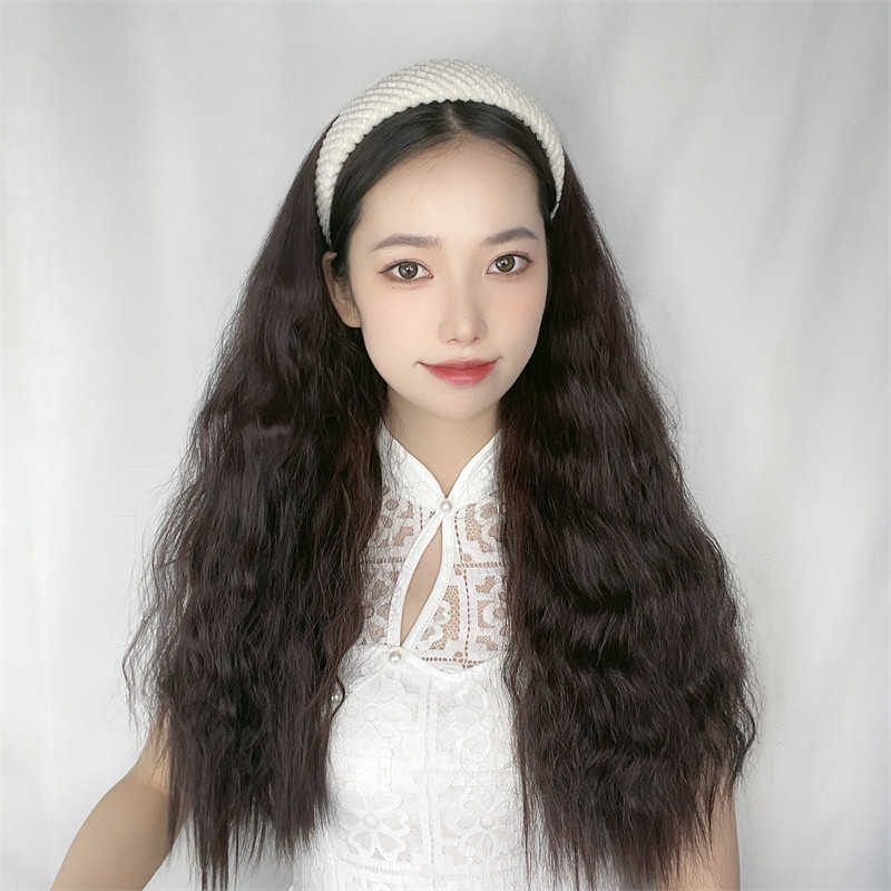 

Women's Hair Wigs Lace Synthetic Wig Women's Hoop Half Style Corn Perm Medium Long Curly Hair High Temperature Silk Head Cover, Pink hair hoop;black corn perm