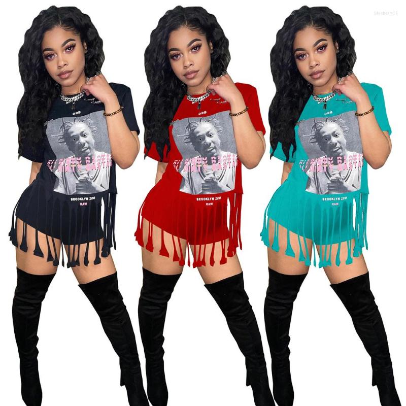 

Women' Tracksuits Fashion Two Piece Set Women Short Sleeve Print Tassel T-Shirt Casual Biker Shorts Matching Suit 2022 Summer Streetwear, Black