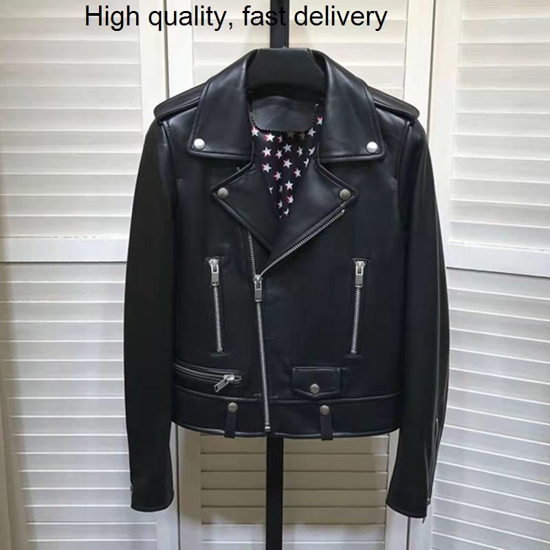 

Women' Leather Short Women Slim Black Coat Imported Real Sheepskin Motor Biker Jacket With Zipper Long Sleeve Turn-down Collar Clothes