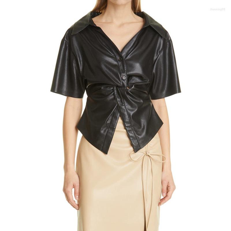 

Women' Leather Twisted Waist Women Faux Shirt Turn-Down Collar Simple Short Sleeve Pleated Blouse And Tops, Black