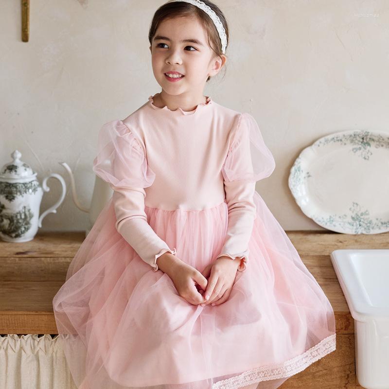 

Girl Dresses BEBEZOO Girls Autumn Dress Lace Puff Sleeve Cute Princess For 3-8 Years Kids Clothes Knee-Length One-Piece, Pink