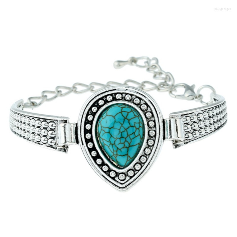 

Strand Trendy Silver Plated Alloy Water Drop Green Turquoises Stone Link Chain Bracelet Charm Jewelry