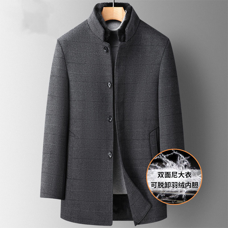 

Men's Wool Blends Removable Men's Down Winter Liner Woolen Coats Plaid Cashmere Warm Jacket Stand Collar Wool Overcoat Male Korean Business Tops 221014, Grey