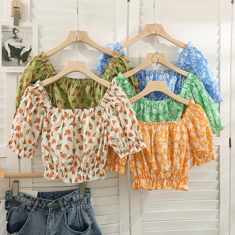 

Women's Polos Off Shoulder Short Sleeve Shirt Women 2022 Summer Fashion Floral Print Polo Crop Top Versatile Ladies Casual Blouses Korean