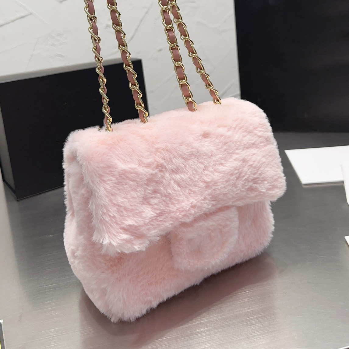 

22F/W Mini Fleece Square Flap Designer Bags Wool Fur Gold Metal Hardware Leather Wearing Chain Handsags Womens French Luxuries Crossbody Shoulder Sacoche Wallets, Box
