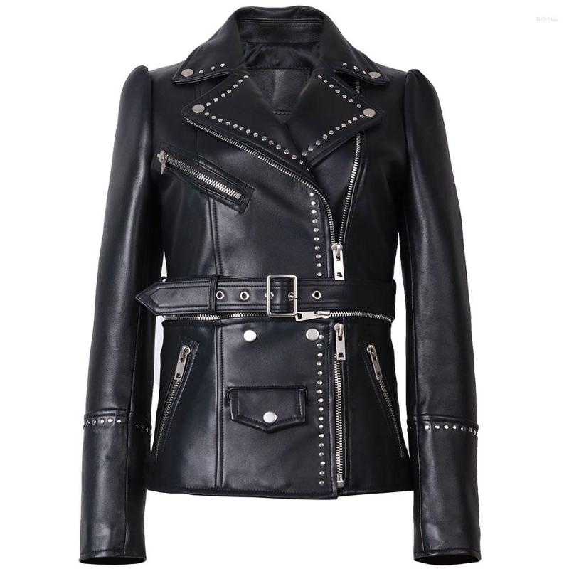 

Women' Leather YOLOAgain Spring Women Rivet Black Real Sheepskin Genuine Jacket Detachable