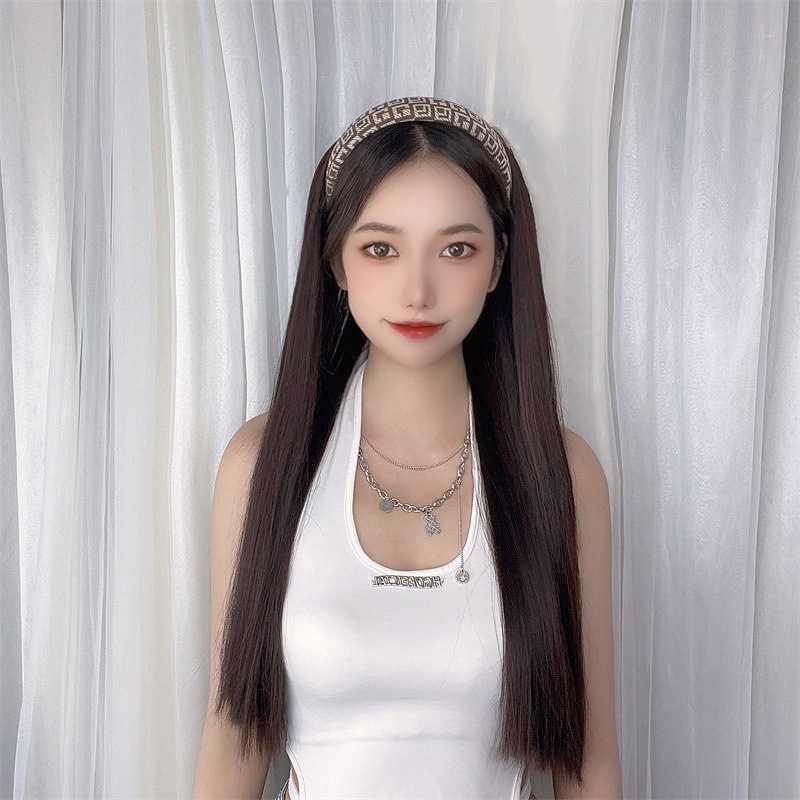 

Women's Hair Wigs Lace Synthetic Women's Wide Brim Hair Band Integrated Shaking Tone Black Long Straight Wig Chemical Fiber Headband, Black and white hair hoop black long