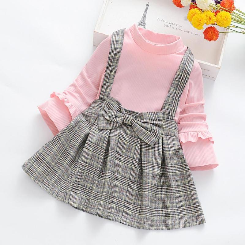 

Girl Dresses Kids Slip Dress With Long Sleeves Knitted Top For Spring 2pcs Suit Bowknot Plaid Birthday Gift Children Costume, Nfc78c