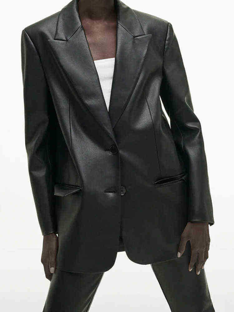 

FTLZZ New Spring Autumn Faux Leather Jacket Women Fashion Lapel Single Breasted Pu Coat Office Lady Slim Black Blazers Outwear J220727