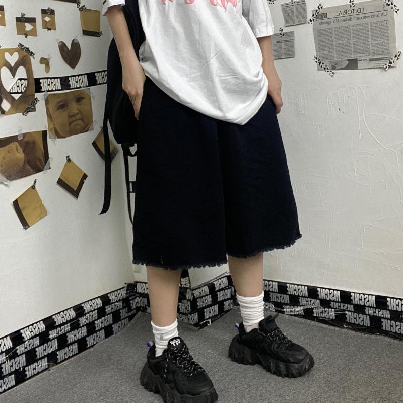 

Women's Pants Harajuku Casual Five-point Women Hip-hop High Waist Wide Leg Loose Straight Men Summer Black Suit