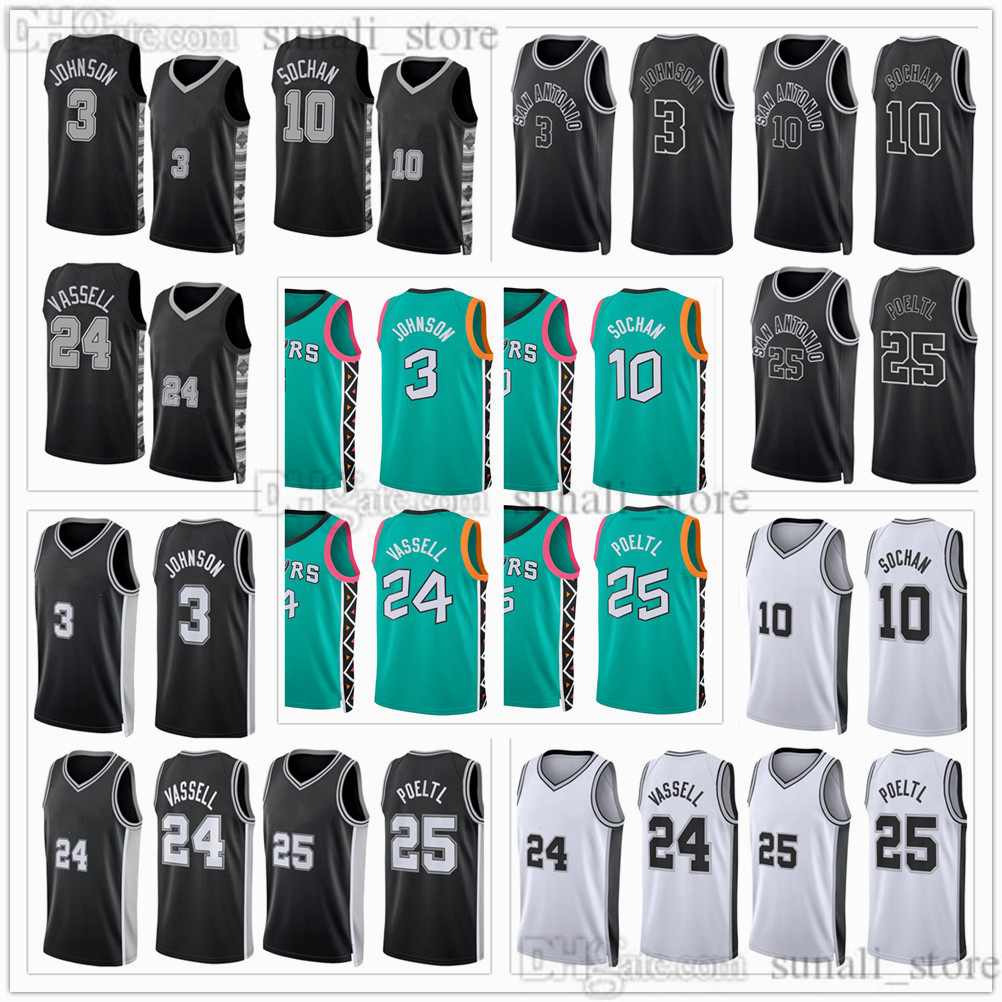 

2022-23 City Green 3 Basketball Keldon Johnson Jerseys Jeremy Sochan 10 Devin Vassell 24 Jakob Poeltl 25 Statement Black White Edition Men Women Youth Kids