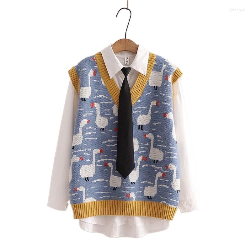 

Women's Tracksuits Spring Women Japan Style Childlike Cute Duckling Double-Sided Jacquard Vest Girl Knitted Sweater White Shirt With Tie, Sky blue