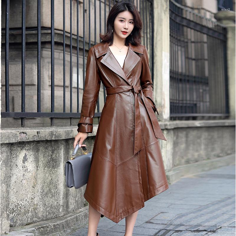 

Women's Leather Genuine Trench Coat Women Real Sheepskin Windbreaker With Belt Long Sleeve Gl0124, Black