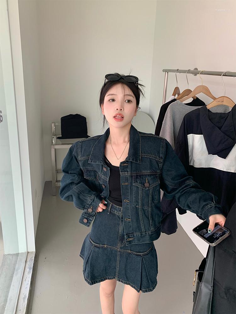 

Work Dresses Two Piece Sets Womens Outifits Sweet Cowboy Coat Casual Mini Denim Skirt Solid Womans Clothes For 2022 Autumn/Winter