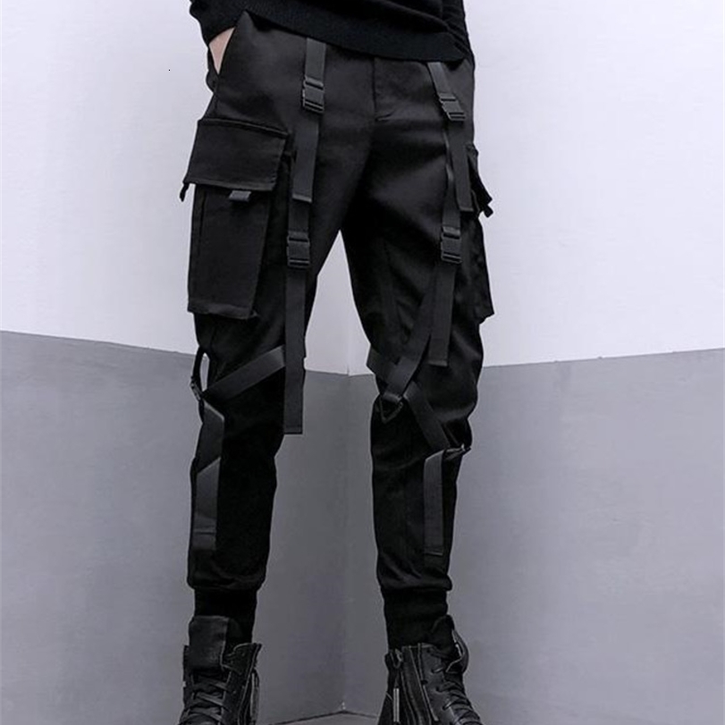 

Mens Pants PFNW Darkwear Safari Style Webbing Spliced Cargo Men High Street Streetwear Elastic Waist Slim Tactical Techwear 12A1634 221113, Black