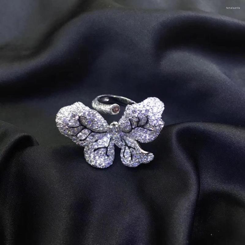 

Cluster Rings 925 Sterling Silver With Cubic Zircon Butterfly Ring Cute Adjustable Size Pave Stone Fine Women Jewelry