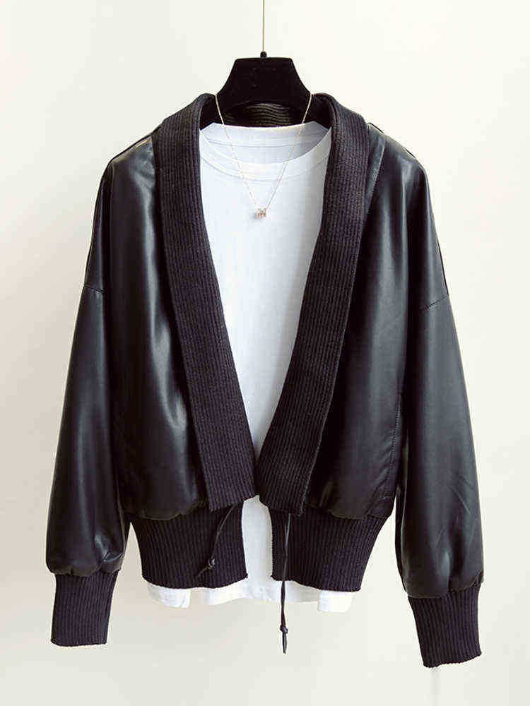

Ftlzz Spring Autumn Women Faux Soft Leather Jacket Large V Neck Drawstring Button Closure Pu Leather Jacket Female Black Moto Bike Runner J220727