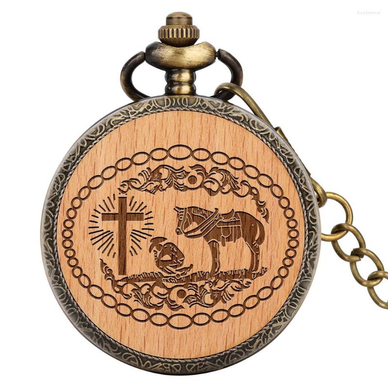 

Pocket Watches Prayer Cross Horse Engraved Pattern Bronze Quartz Watch Men Women Arabic Numerals Round Dial Antique Pendant Clock, 10 with 80 cm chain