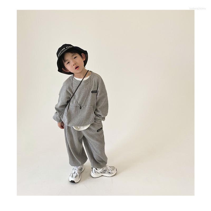 

Clothing Sets Kids Tracksuit Boys Casual Sweater Sports Suit Fashion Long Sleeve Korean Design Waffle Knitting Set, Gray