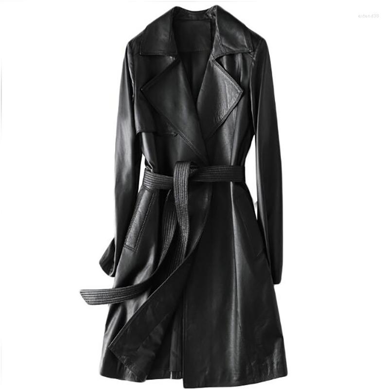 

Women's Leather Women's Long Gnuine Jacket Real Sheepskin Windbreaker Coat With Belt Suit Collar Black Suitable For Spring