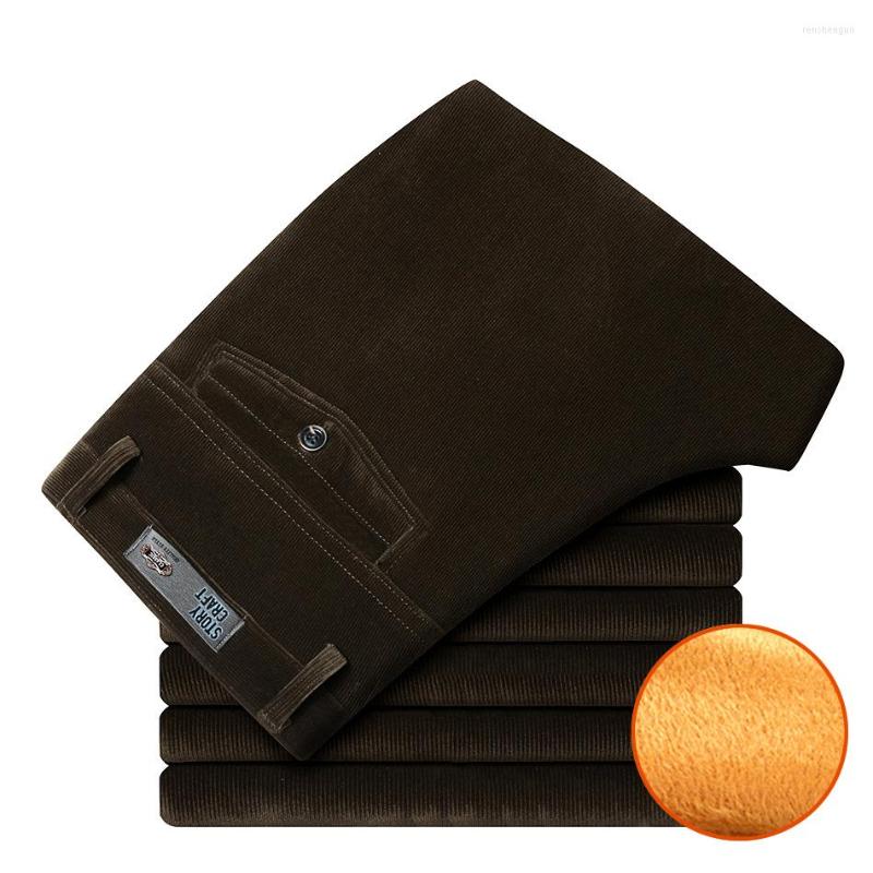 

Men's Pants Winter Men Corduroy With Velvet Thicken High Waist Loose Elastic Fleece Male Straight Business Casual Warm Trousers, 12 blue green